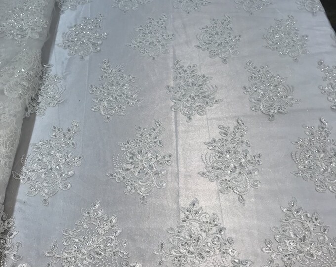 Flower Lace Fabric - Ivory Floral Clusters Embroidered Lace Mesh Fabric Sold By The Yard