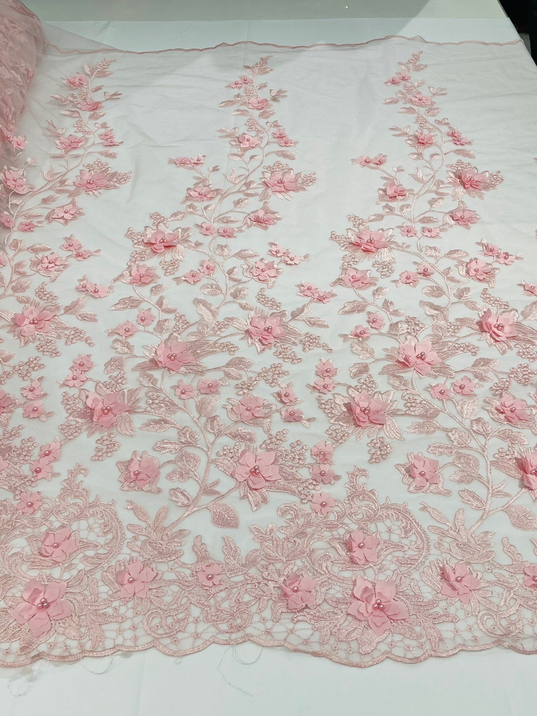 Dusty Pink French Beaded Design Embroider On A Mesh-Prom-nightgown-sold By Yard. main image 0