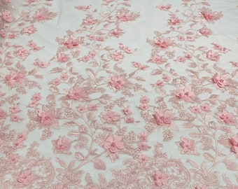 Pink 3D Floral Design - by the yard - Embroider Flower With Pearls On a Mesh Lace-Prom-Dresses-Nightgown-Apparel