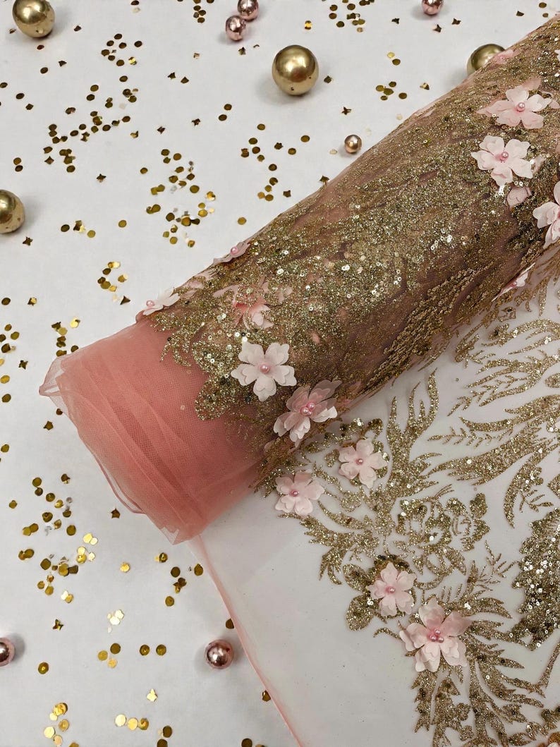 Rose Gold Glitter Floral Mesh, Glitter 3D Flower Sequin Fabric, Wedding ...