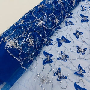 Royal Blue/Silver 3D Butterfly Embroidered Beaded Sequin  Fabric By The Yard, 3D Butterfly Beaded Sequins on a Mesh For Wedding/Bridal/Prom