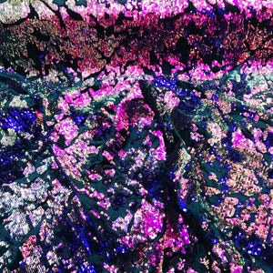 Purple Iridescent Sequin Fabric by the yard | on Black Stretch Velvet | Reversible Sequins | Flip Sequins 2-way Stretch Velvet
