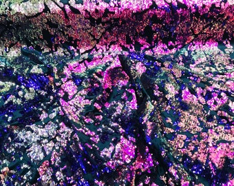 Purple Iridescent Sequin Fabric: Black Stretch Velvet, Reversible Flip Sequins