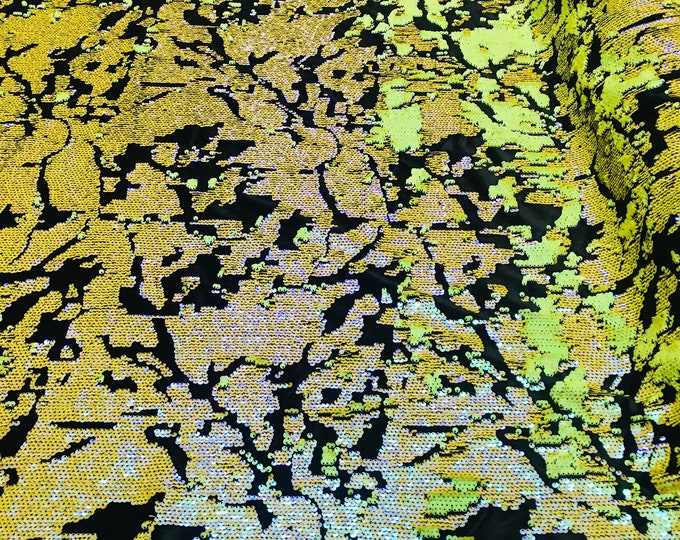 Iridescent lime Green Sequin on Black Stretch Velvet, Reversible Sequins all Over 5mm Flip Sequins 2-way Stretch 60” (Choose The Quantity)