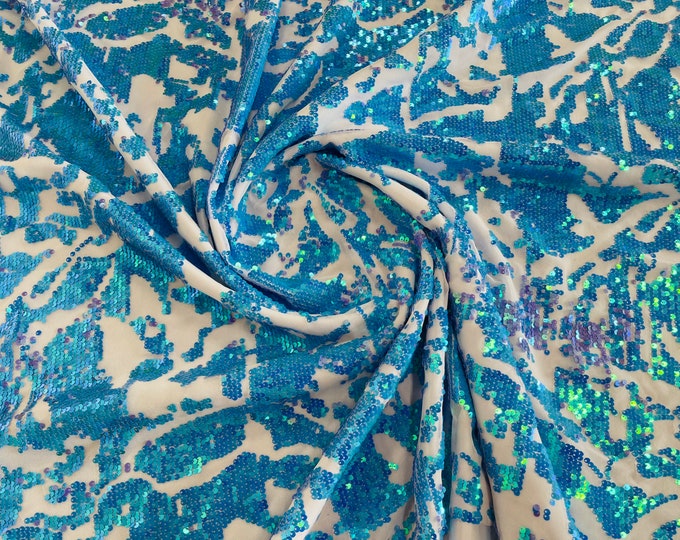 Turquoise Iridescent Sequins Fabric - Sold By The Yard - on White Spandex Mesh - 4Way Stretch Sequin Fabric Tow Tone