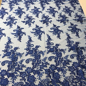 Royal Blue Flower Lace Fabric - Floral Clusters Embroidered With sequins on a Mesh Lace Fabric Sold By The Yard