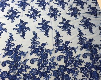 Royal Blue Floral Sequined Lace Fabric – Embroidered Mesh, By The Yard
