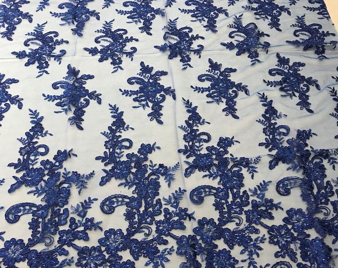 Royal Blue Flower Lace Fabric - Floral Clusters Embroidered With sequins on a Mesh Lace Fabric Sold By The Yard
