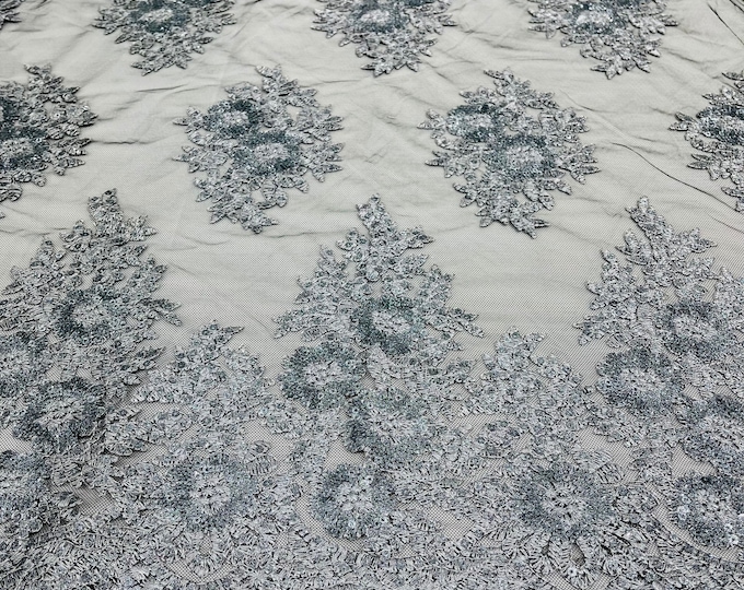 Gray on Black Mesh Lace Fabric - by yard - Corded Flower Embroidery With Glitter/Sequins on a Mesh Lace Fabric For Wedding-Bridal