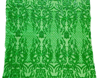 Green Sequin Fabric, Geometric Damask Embroidery, 4-Way Stretch Mesh, Prom Gown Fabric By The Yard