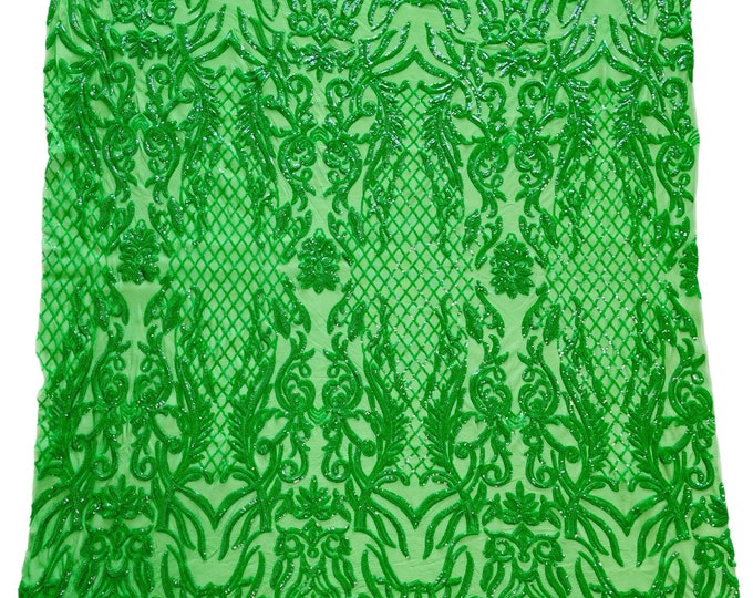 Green Sequin Fabric, Geometric Damask Design Embroidered With Sequin on a 4 Way Stretch Sequin Fabric Mesh-Prom-Gown By The Yard