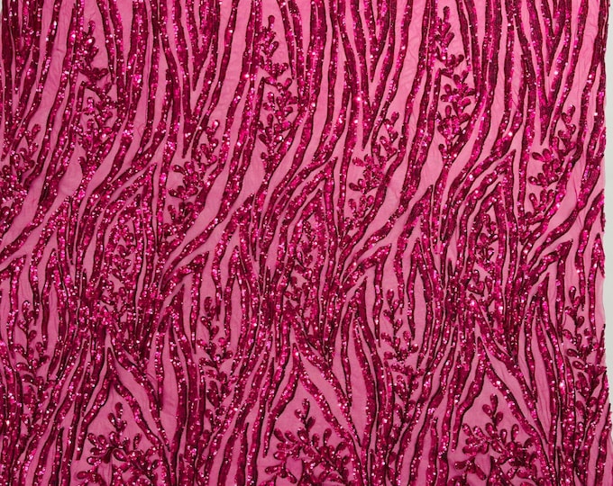 Fuchsia Sequin Fabric 4 Way Stretch Fashion Design Sequins on Spandex Mesh Prom Gala Gown Fabric By The Yard