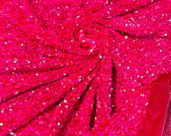 New Hot Pink Sequin Velvet on Stretch Velvet With Luxury Sequins all Over 5mm Shining Sequins 2-way Stretch 58/60” (Choose The Size)