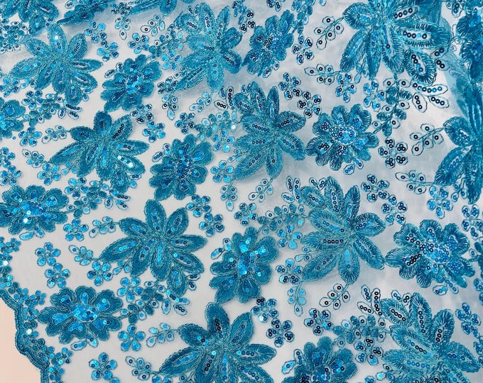 Turquoise Lace Fabric With Sequins, Metallic Thread Flower Embroidery by Yard
