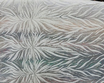 White Sequin Fabric, Phoenix Wing Design, 4 Way Stretch, Sold By Yard
