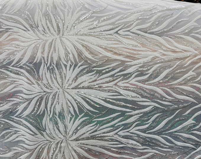 New White/Silver Sequin Fabric 4 Way Stretch Phoenix Wing Sequin Spandex Mesh Fabric for Prom Gala Gown Sold By Yard