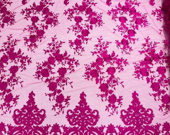 Magenta Damask Embroidered Lace – Floral Wedding Dress Fabric