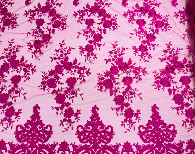 Magenta Bridal Lace - by the yard - Damask Design Embroidered on Mesh Lace Fabric, Floral Wedding Dress (Pick a Size)