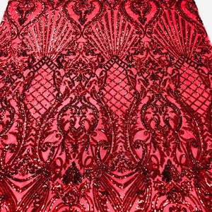 Holographic Red Sequin Damask Fabric: Selena Design Prom Gown Lace - By The Yard