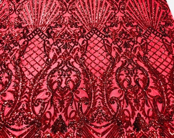 Holographic Red Sequin Damask Fabric: Selena Design Prom Gown Lace - By The Yard