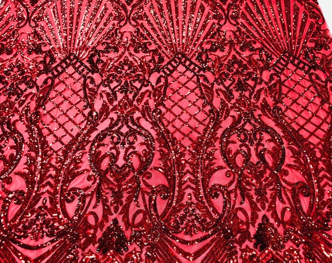 Holographic Red Sequin Damask Selena Design on a 4 Way Stretch Sequin Lace Mesh - Prom Gala Gown Fabric By Yard
