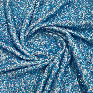 Blue Iridescent Sequin on White Stretch Velvet With Sequins all Over 5mm Sequins 2-way Stretch 58/60” (Choose The Quantity)