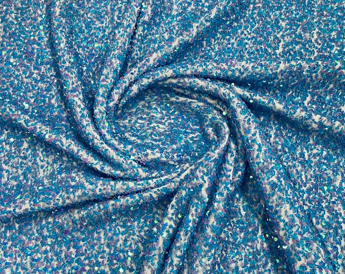 Blue Iridescent Sequin on White Stretch Velvet With Sequins all Over 5mm Sequins 2-way Stretch 58/60” (Choose The Quantity)