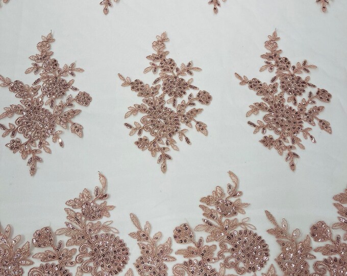 Blush Lace Fabric | Flower Design Embroidered on Mesh Lace Fabric, Floral Bridal Lace Wedding Dress by the Yard (Pick a Size)