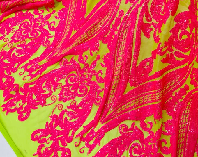 Hot Pink on Lime Mesh - 4 Way Stretch Fancy Big Damask Design Sequins on Spandex Mesh Prom Gala Gown Fabric By The Yard