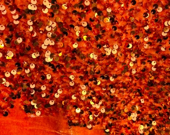 Orange Sequin on Orange Stretch Velvet With Luxury Sequins all Over 5mm Shining Sequins 2-way Stretch 58/60” (Choose The Size)