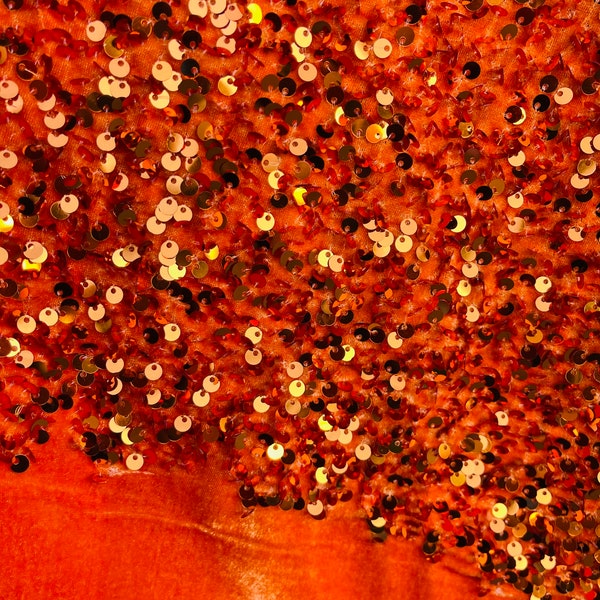 Orange Sequin on Orange Stretch Velvet With Luxury Sequins all Over 5mm Shining Sequins 2-way Stretch 58/60” (Choose The Size)