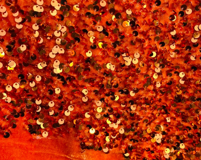 Orange Sequin on Orange Stretch Velvet With Luxury Sequins all Over 5mm Shining Sequins 2-way Stretch 58/60” (Choose The Size)