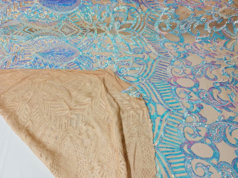 Iridescent Aqua Sequin Fabric: Royalty Embroidered Mesh, Prom Gown ...