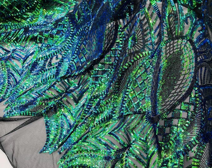 Green Iridescent Sequin Fabric By Yard Royalty Design Embroidered With Sequin on Mesh 4 Way Stretch Sequin Fabric Green Iridescent Prom-Gown