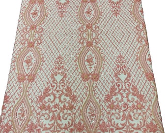 Pink Fashion Design Bead Damask Fabric, Embroidered Geometric Design With Beads and Sequins on a Mesh Sold By The Yard