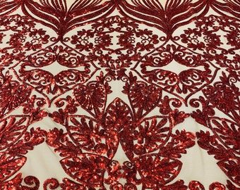 Burnt Orange Sequin Fabric: 4-Way Stretch Mesh, Prom Gown Lace