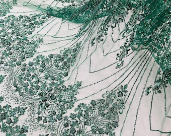 Hunter Green Beaded Fabric By The Yard, Luxury Geometric Design Beads and Sequins, Beaded Fabric Embroidered on a Mesh Lace,Wedding,Bridal