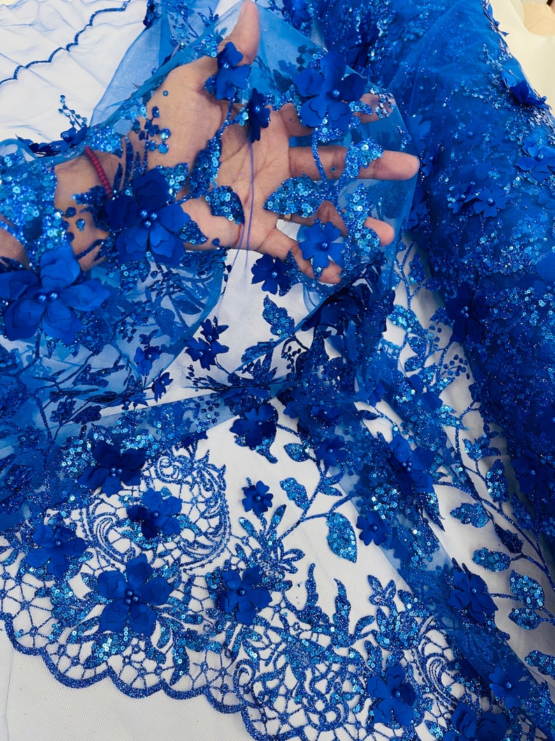 Royal Blue 3D Flower Glitter Sequin Fabric by the Yard, 3D Floral ...