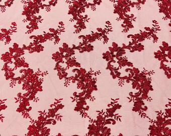 Burgundy Floral Lace Fabric: Sequined Embroidery Mesh, Bridal Gown