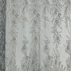 SILVER Flower Beaded Fabric - Embroidered Beaded With Sequins Wedding Bridal Fabric Sold By The Yard