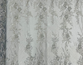 Silver Flower Beaded Fabric – Embroidered Sequins Bridal Mesh, Sold By The Yard