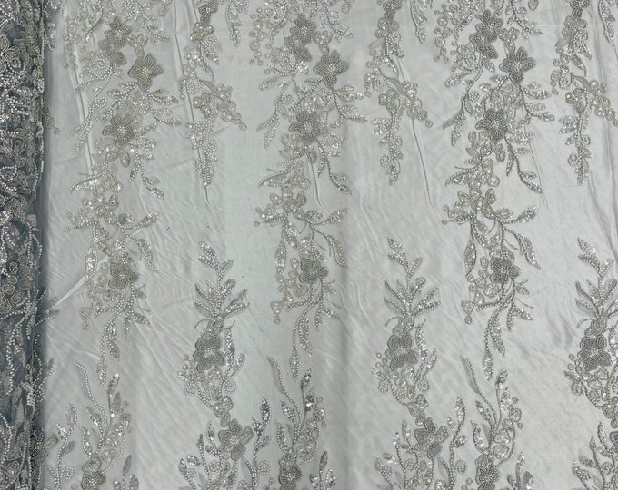 SILVER Flower Beaded Fabric - Embroidered Beaded With Sequins Wedding Bridal Fabric Sold By The Yard