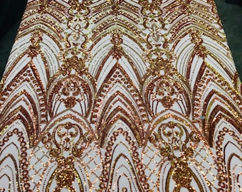 Iridescent Orange Sequin/Nude Mesh Damask Design 4 Way Stretch Sequin Fabric Spandex Mesh-Prom-Gown By The Yard