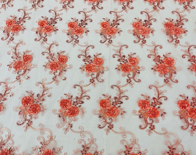 Coral/Peach Floral Lace Fabric - By The Yard - Embroidery Flower With Sequins on a Mesh Lace Fabric For Gown, Wedding-Bridal