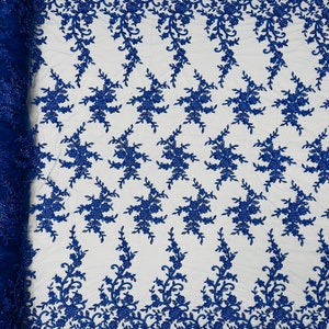 Royal Blue Beaded Sequins Fabric, Embroidery With Beaded Sequin on a Mesh, Floral Bridal Lace Fabric by the yard (Pick a size )