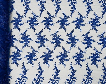 Royal Blue Beaded Sequin Floral Embroidery Lace Fabric