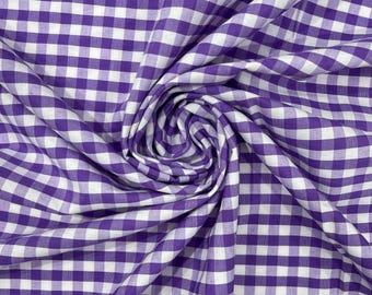 Purple & White Gingham Poly Cotton Fabric by Yard 1/4” Squares, Checkered Fabric