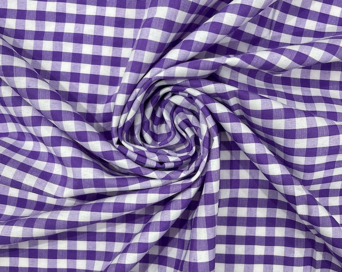Purple & White Gingham Poly Cotton Fabric by Yard 1/4” Squares, Checkered Fabric