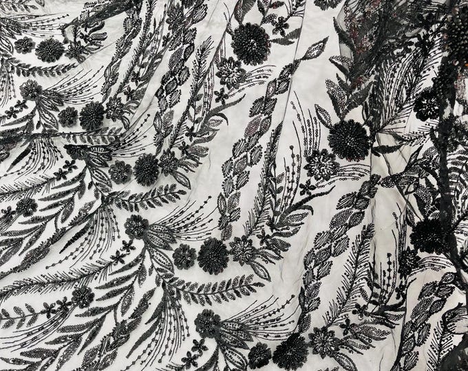 Black Floral Design Beads and Sequins, Lace Beaded Sequin Floral & Leaves Embroidered on a Mesh Lace,Wedding,Bridal,Dress Sold By Yard
