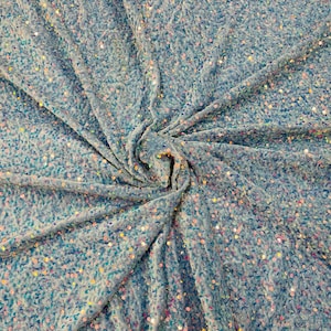 Iridescent Baby Blue Sequin on Stretch Velvet With Partial Luxury Sequins  5mm Shining Sequins 2-way Stretch 58/60” (Choose The Quantity)